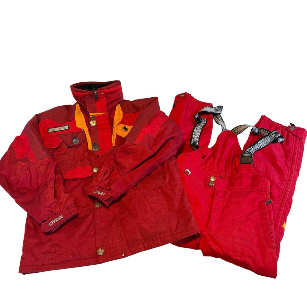 Vintage 1990's Spyder GII Red Yellow Hidden Hood Thinsulate Ski Jacket bibs set